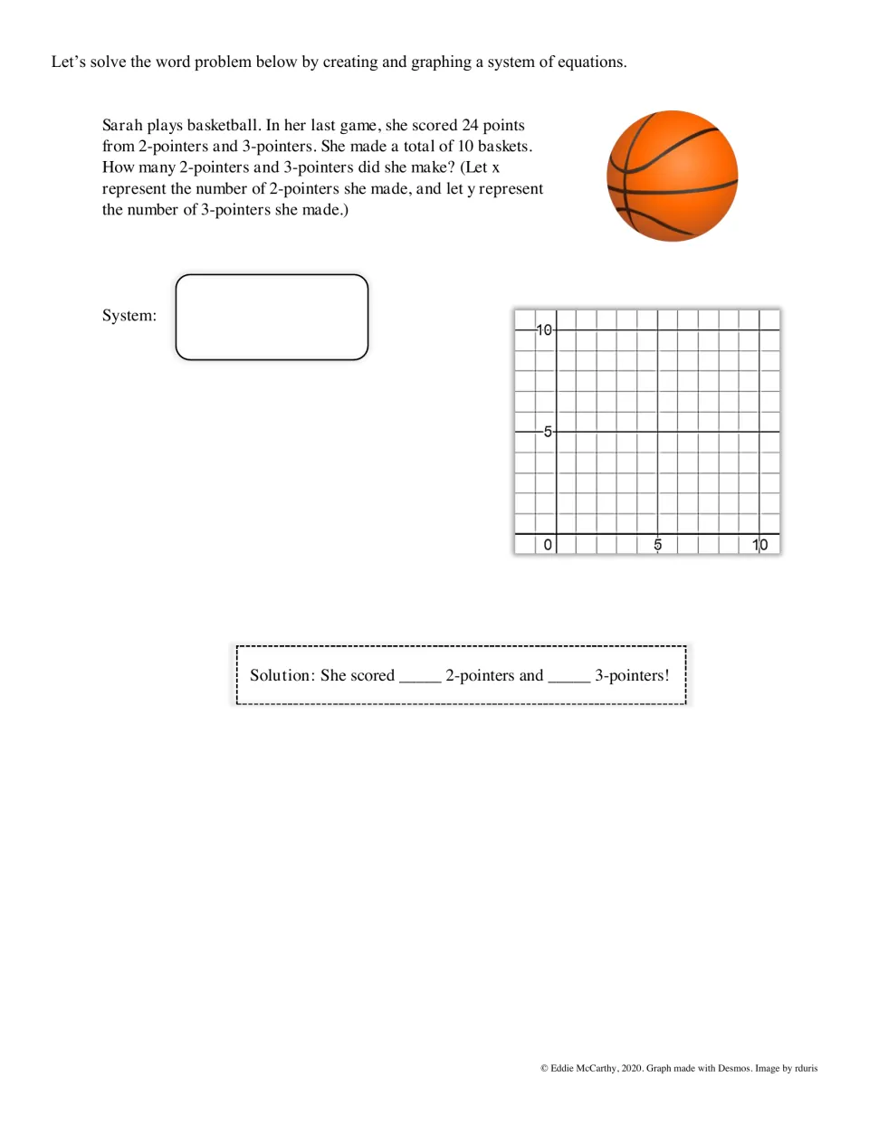 Basketball word problem: students write a system for 24 points scored on 10 baskets and graph it to count 2- and 3-pointers