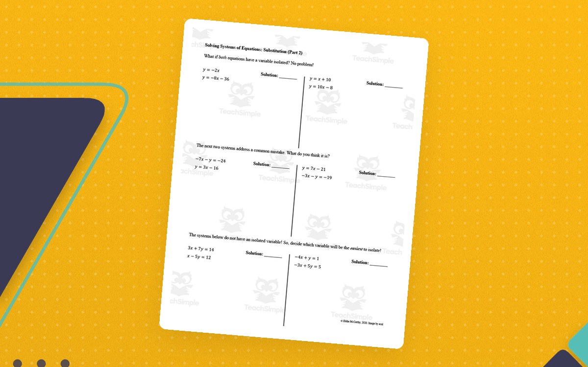 Solving Systems by Substitution cover with previews of guided notes, worked examples and a homework worksheet