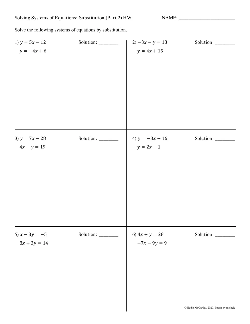 Substitution Part 2 homework: students solve six systems of linear equations by substitution and write each solution