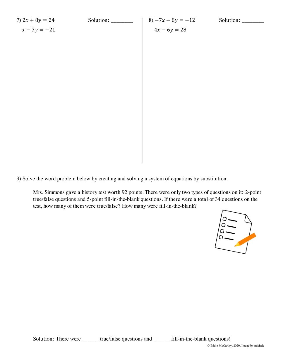Substitution homework continued: two more systems, then a word problem on a 92-point test with 2- and 5-point questions