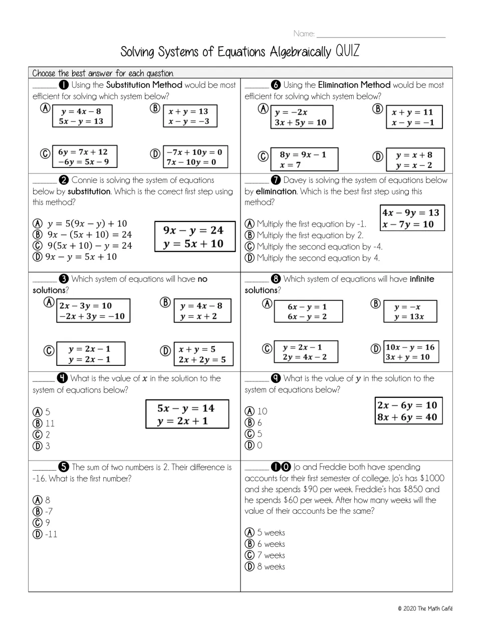Systems of equations quiz: students choose answers on substitution, elimination, no or infinite solutions and word problems