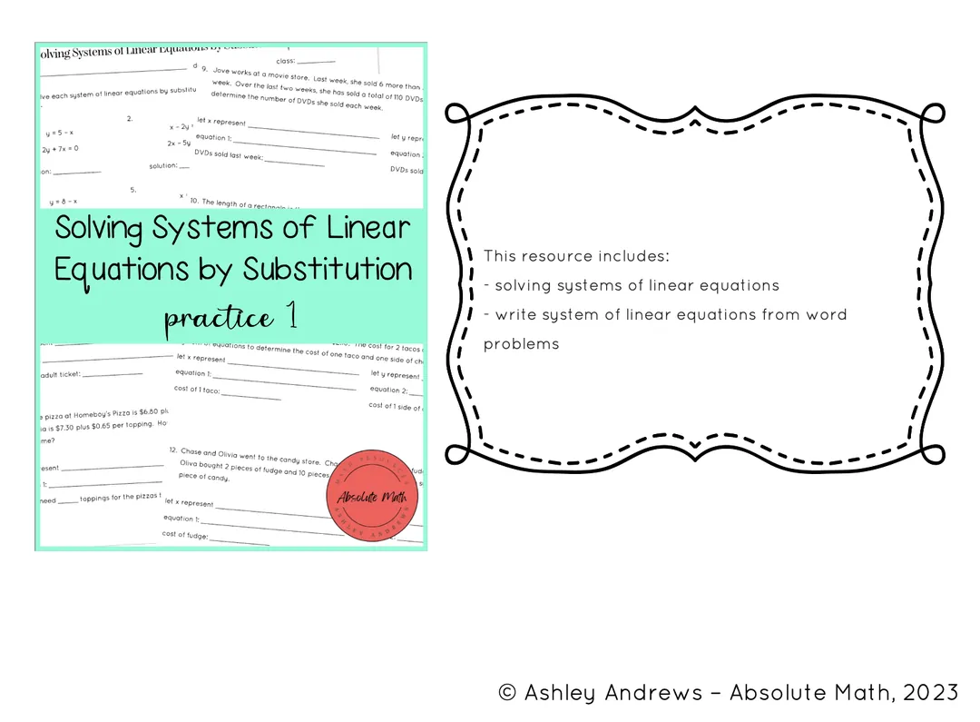 Solving Systems of Linear Equations by Substitution Practice 1 – cover