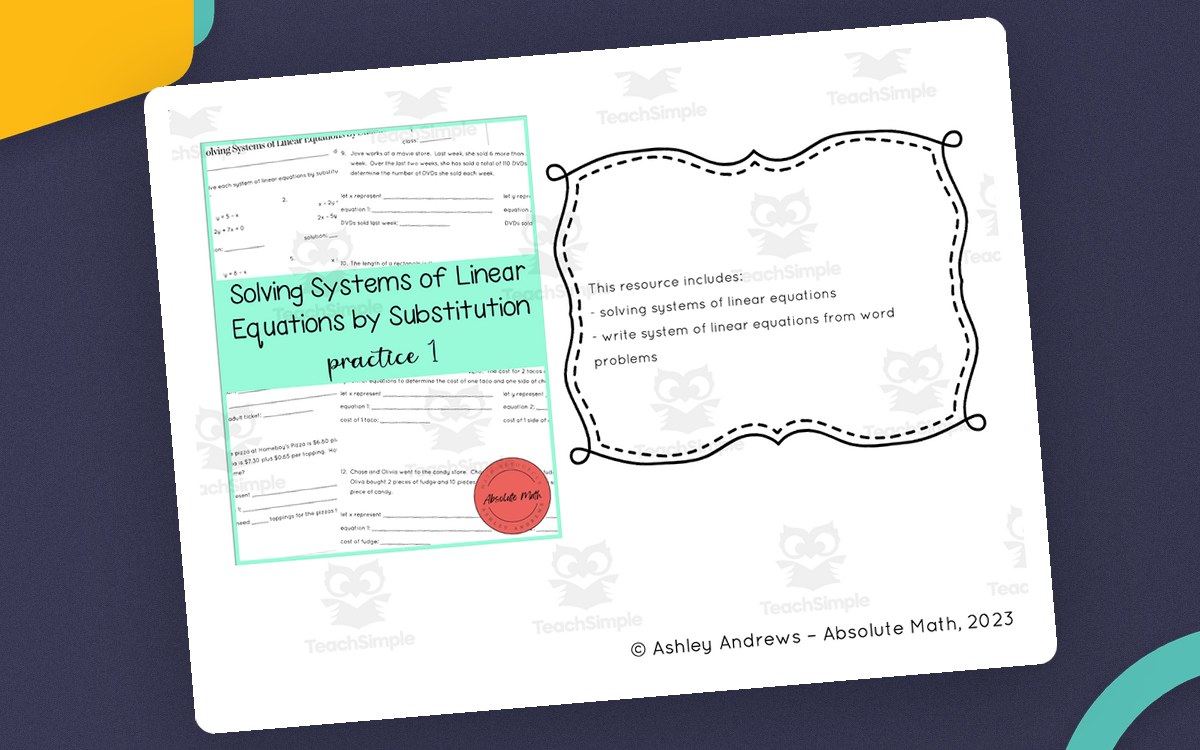 Solving Systems of Linear Equations by Substitution first image with worksheet previews and a notes frame