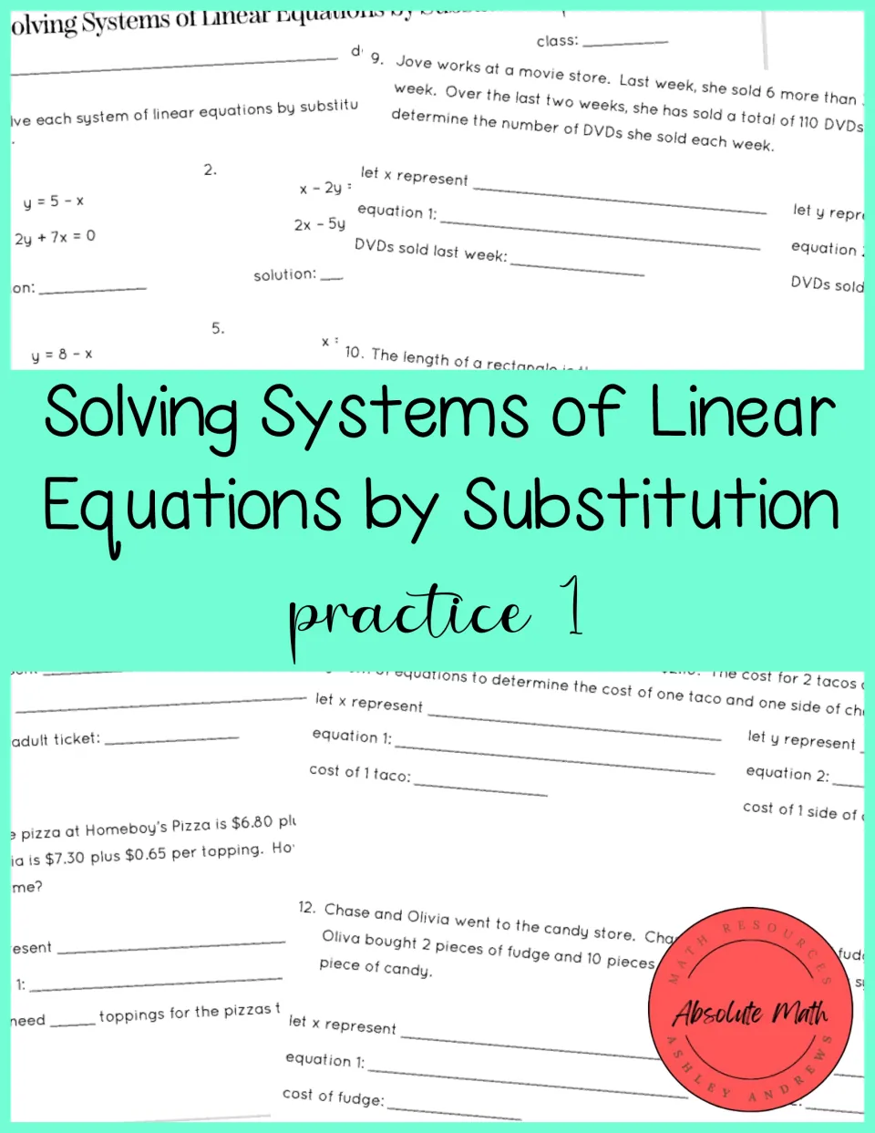 Cover for substitution practice 1 on systems of linear equations, shown over a collage of the worksheet pages
