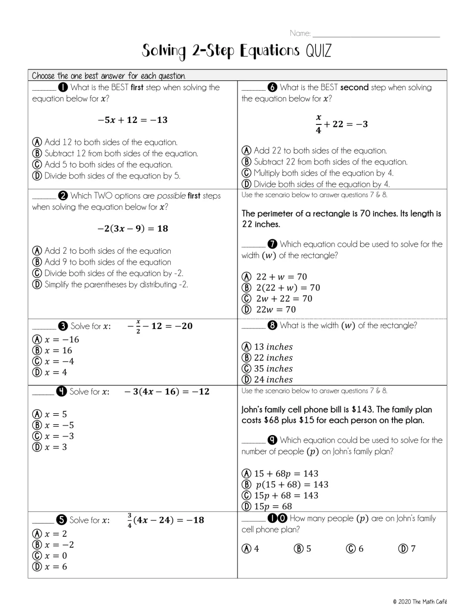 Two-step equations quiz: 10 multiple-choice items on first steps, solving for x, and perimeter and phone-bill word problems