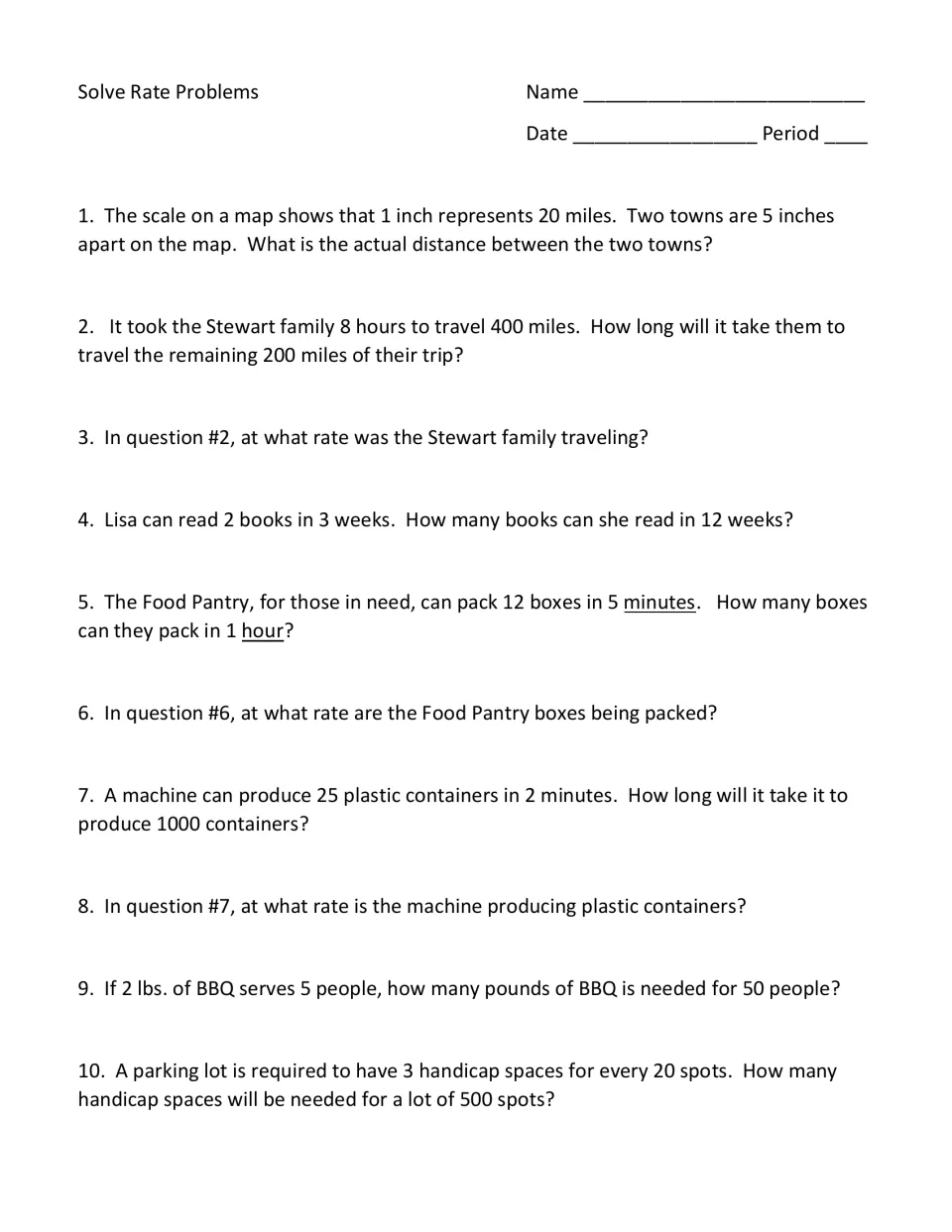 Solve Rate Problems: students work 10 unit rate word problems on map scale, travel time, packing boxes and BBQ servings