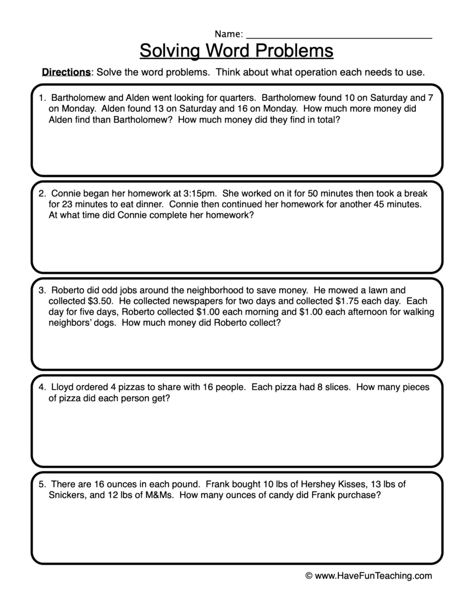 Multi-step word problems: students choose the operation to solve 5 problems on quarters, elapsed time, money, pizza, ounces