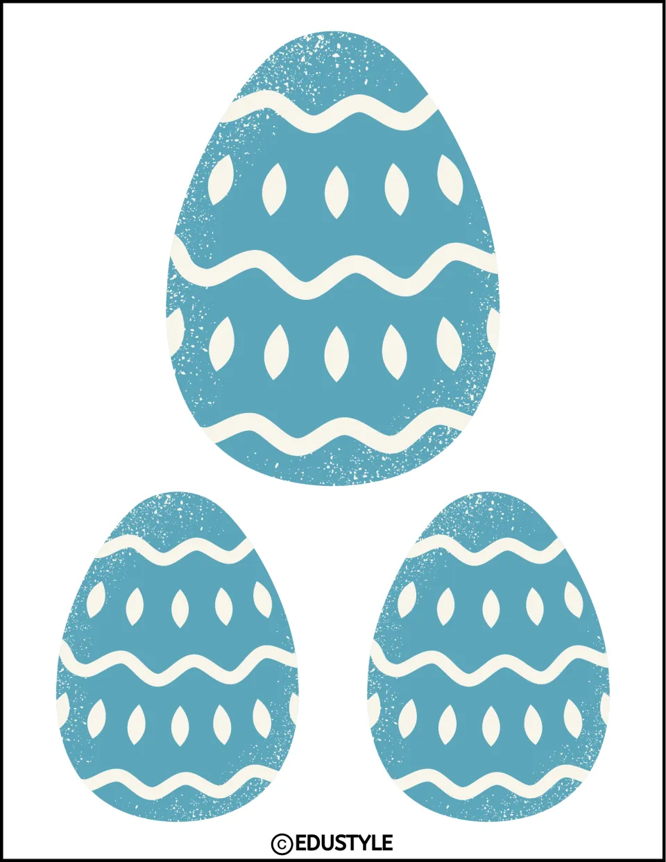 Three blue Easter egg cutouts for classroom displays: one large and two small, with cream waves and ovals