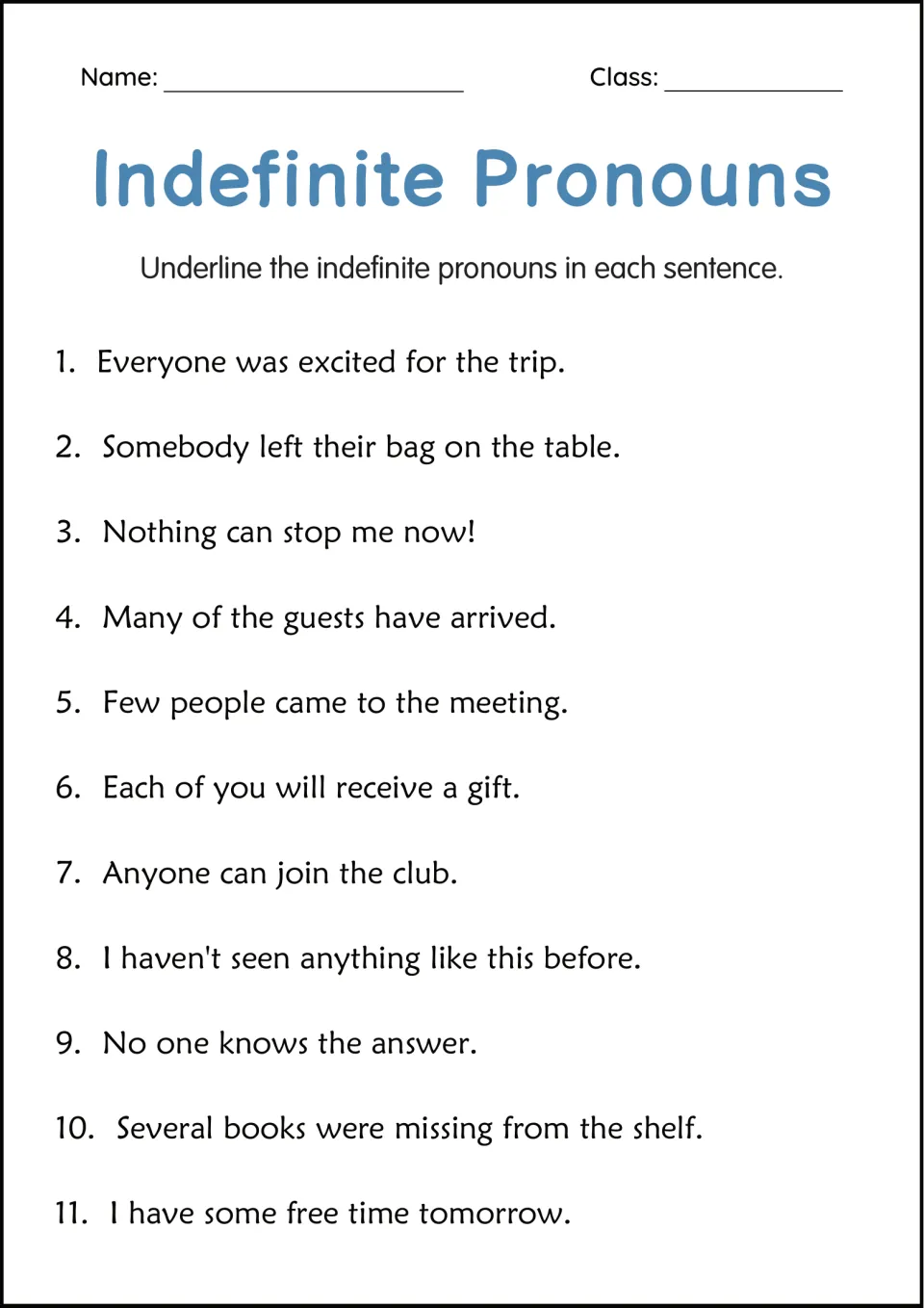 Indefinite pronouns: students underline the pronoun in 11 sentences, such as everyone, somebody, nothing and several