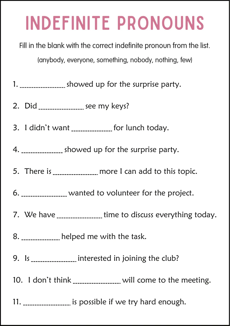 Indefinite pronouns cloze: students fill 11 blanks using a word bank of anybody, everyone, something, nobody, nothing, few