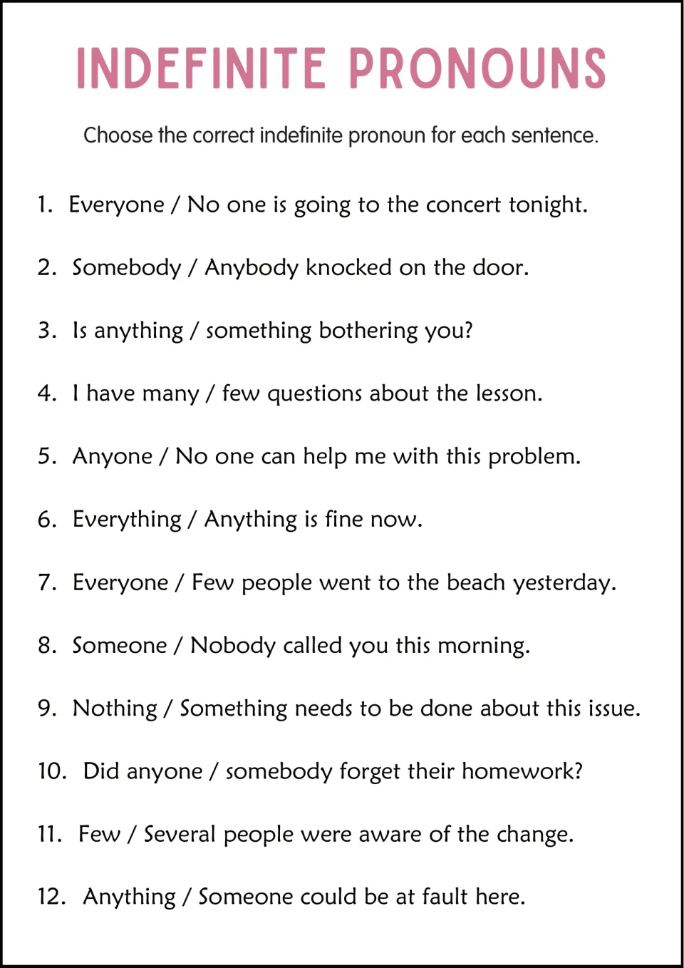 Choosing indefinite pronouns: students pick the right option in 12 sentences, e.g. Somebody / Anybody knocked on the door