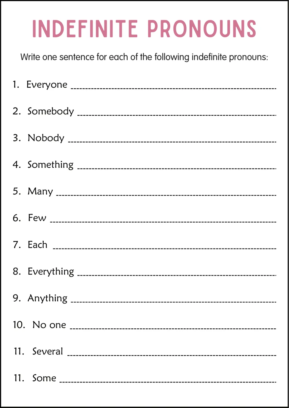 Sentence writing with indefinite pronouns: students write one sentence each for 12 words, from everyone and nobody to some