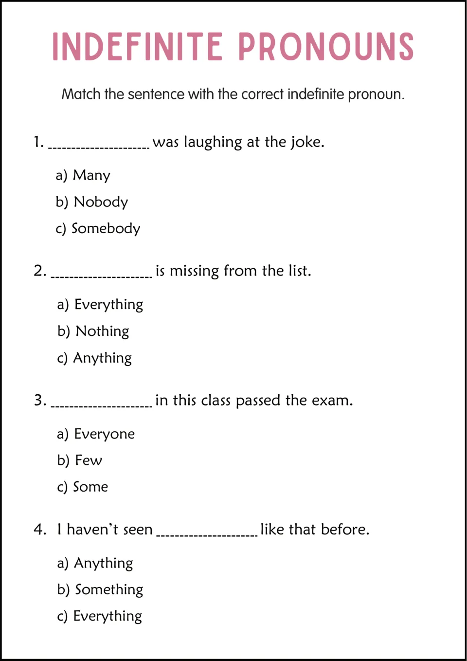 Indefinite pronoun multiple choice: students complete 4 sentences by picking a, b or c, such as Many, Nobody or Somebody