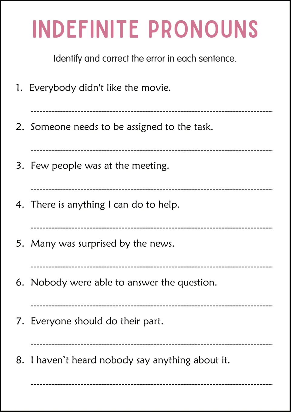 Fixing indefinite pronoun errors: students find and correct the mistake in 8 sentences, like Few people was at the meeting