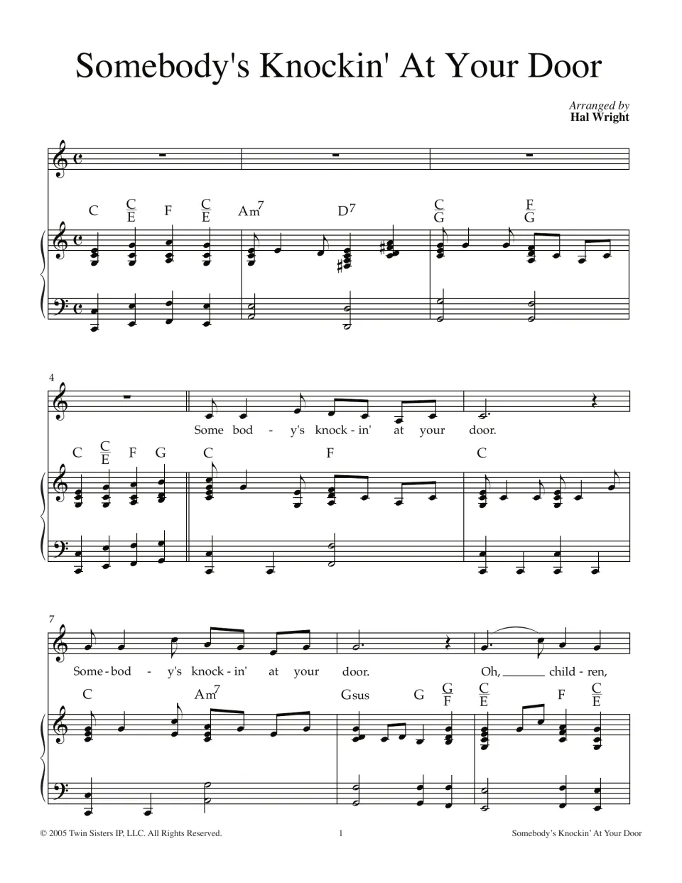 Song arranged by Hal Wright, bars 1-9 in C: piano intro, then voice sings "Somebody's knockin' at your door" with chords