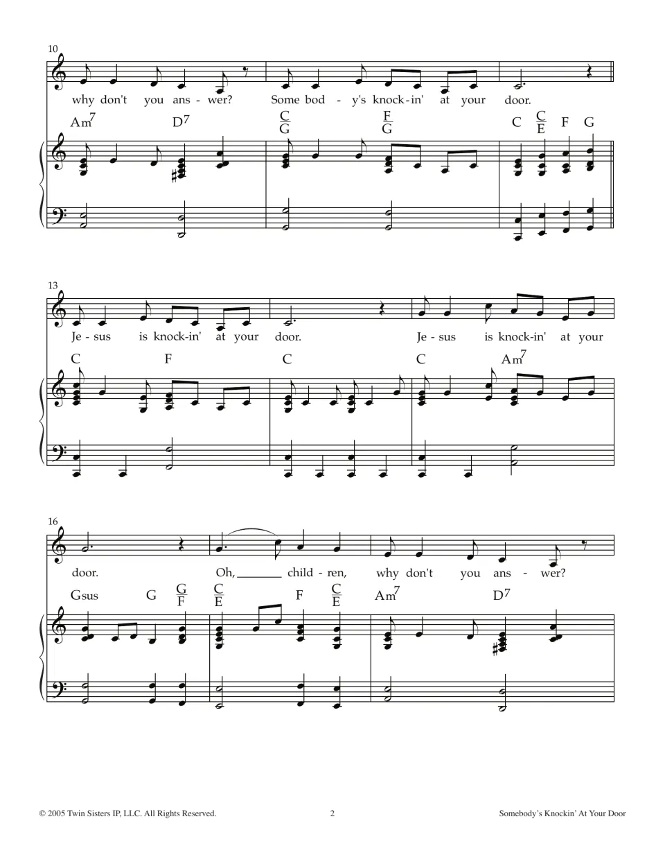 Bars 10-18 in C: vocal melody with lyrics "why don't you answer?" and "Jesus is knockin' at your door" over piano and chords