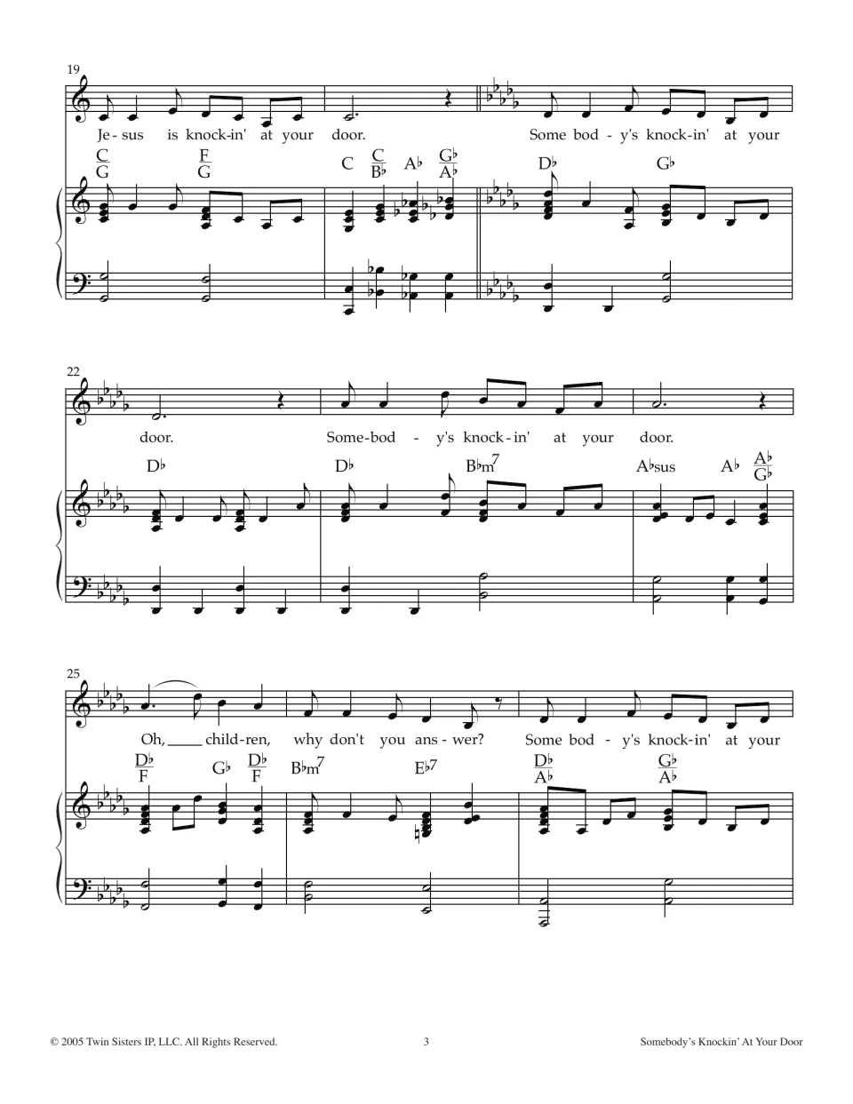 Bars 19-27: song modulates from C major to D-flat major as the lyrics repeat; vocal line, chord symbols and piano part