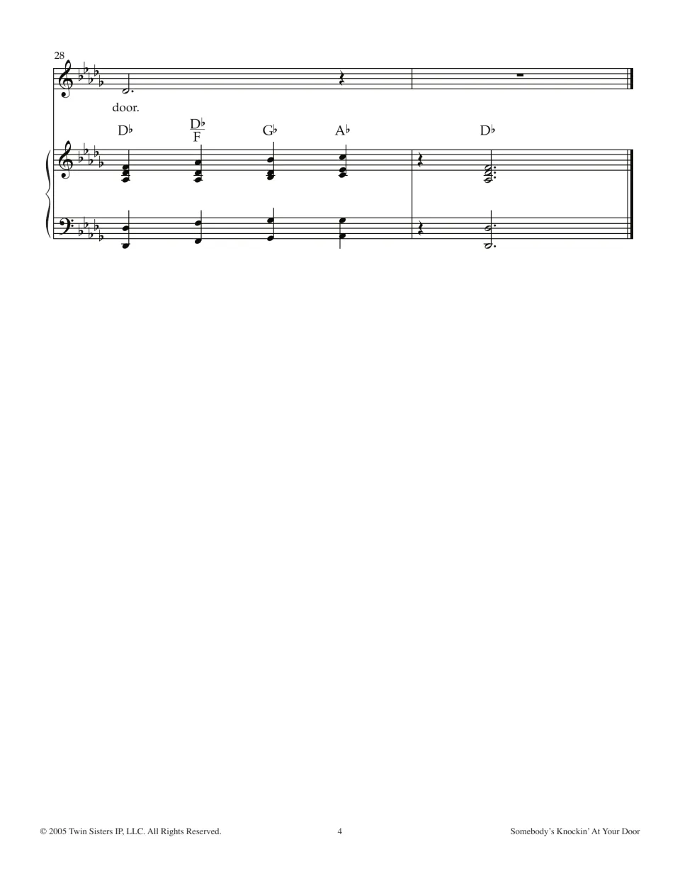 Final bars 28-29 in D-flat major: last sung word "door" over closing chords Db, Db/F, Gb, Ab and a held Db ending chord