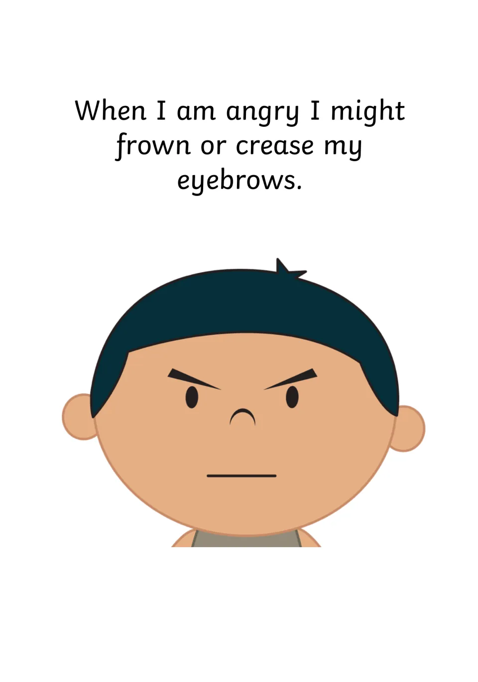 Anger body signs: text says when angry I might frown or crease my eyebrows, shown on a boy's face with slanted brows