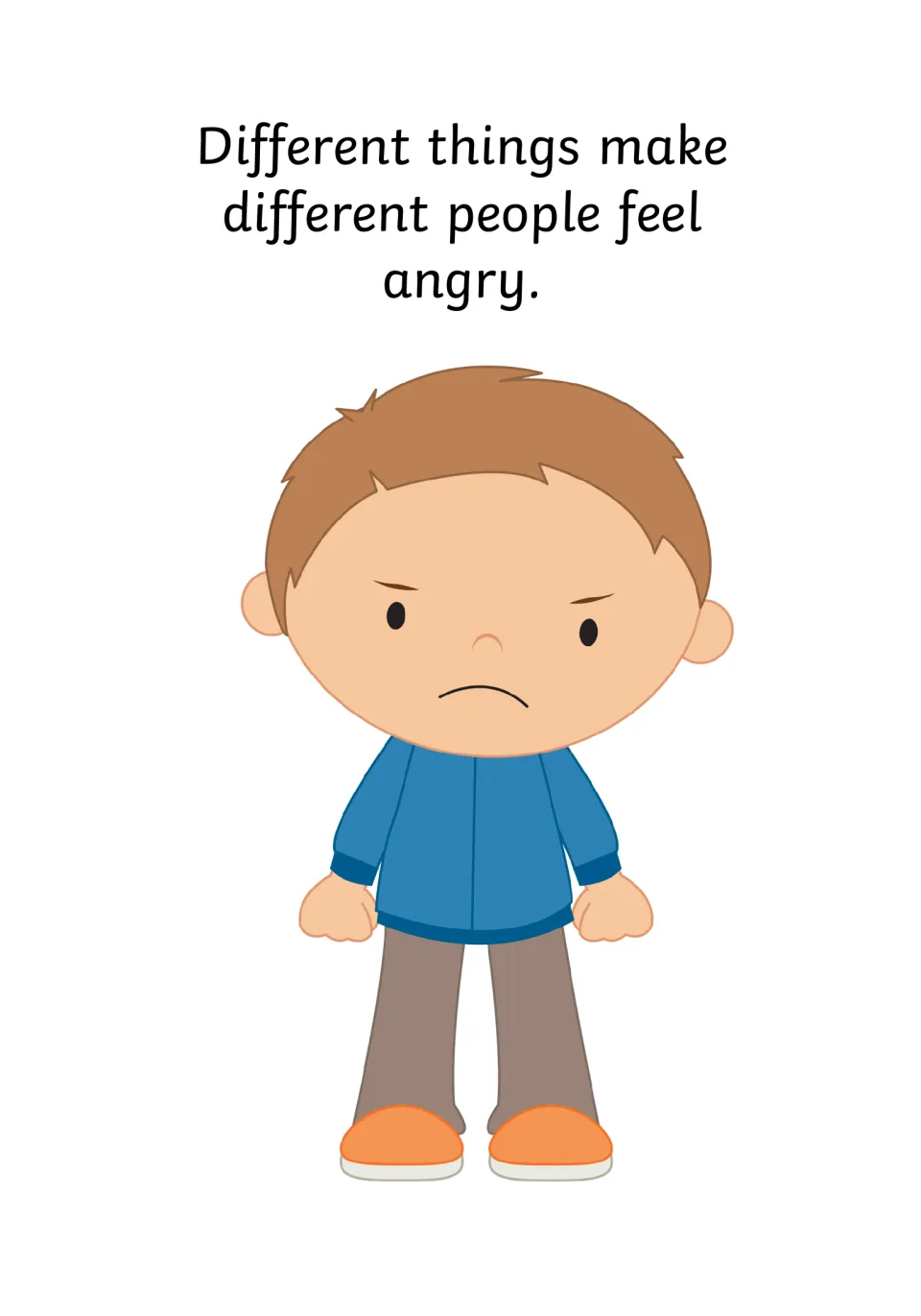 Anger triggers differ: text says different things make different people feel angry, beside a frowning boy in a blue top