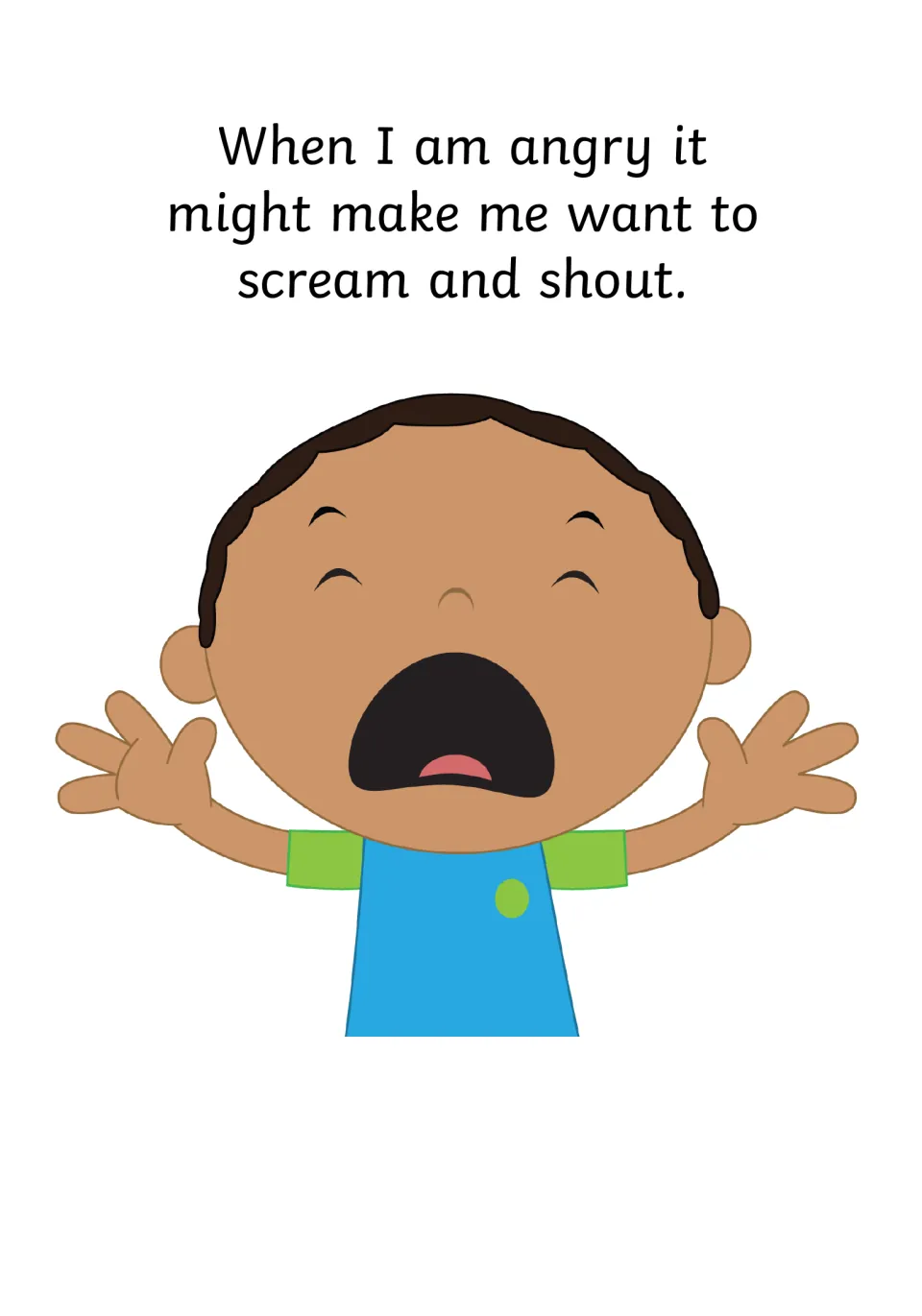 Angry urges: text says when I am angry it might make me want to scream and shout; a boy yells with arms spread wide
