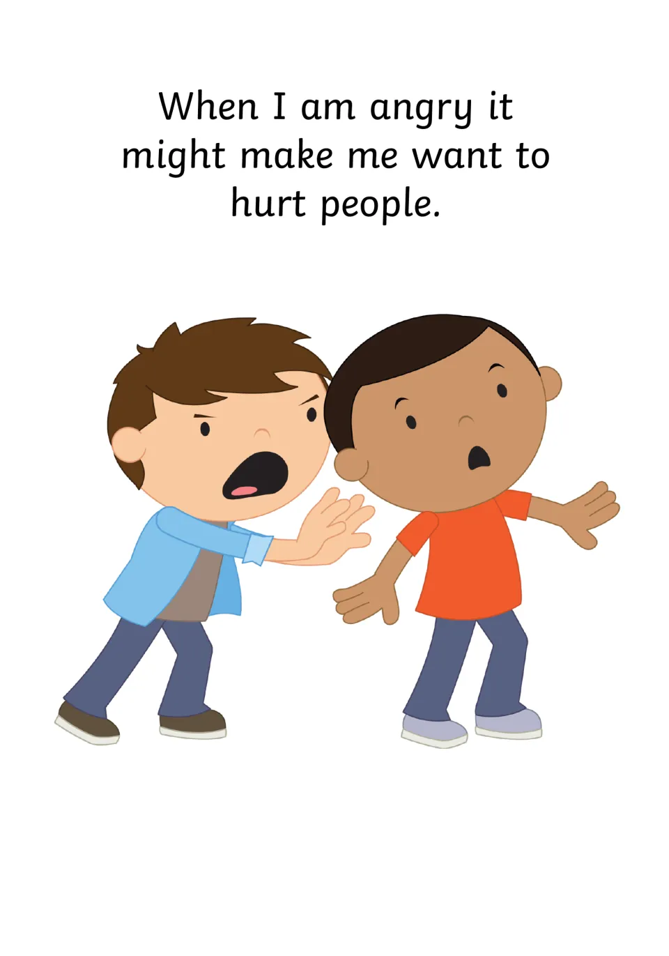 Wanting to hurt others: text says when I am angry it might make me want to hurt people; one boy shoves another