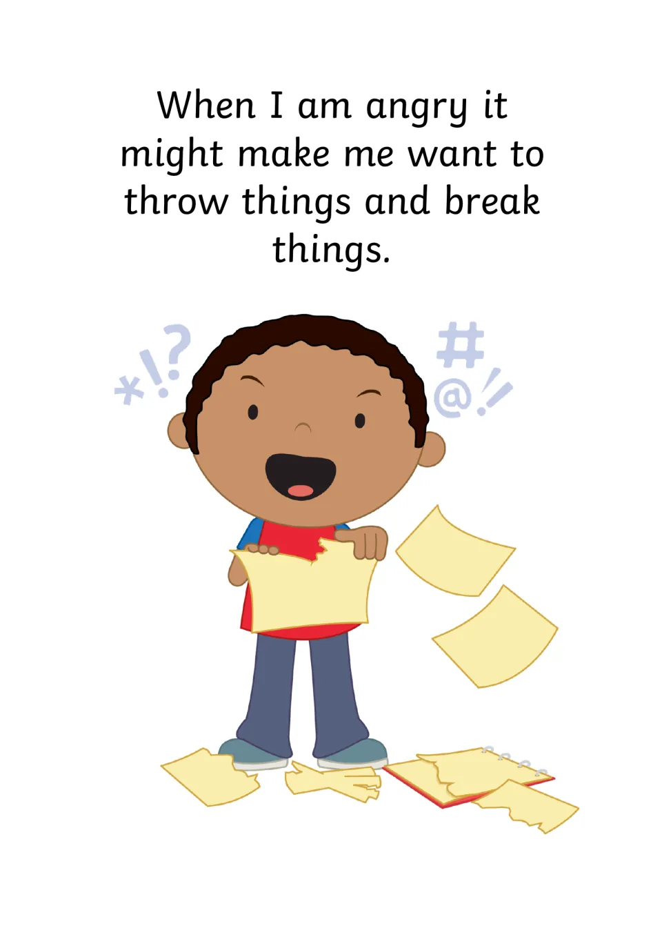 Destructive urges: text says anger might make me want to throw and break things; a boy tears paper as scraps fly