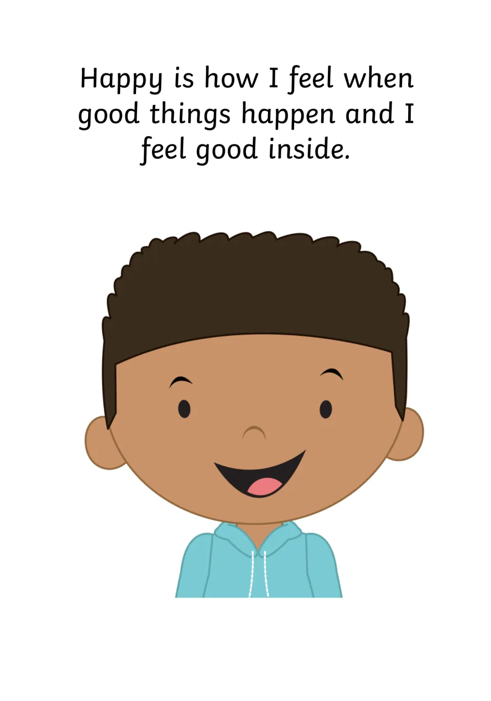 Defining happiness: text says happy is how I feel when good things happen and I feel good inside, beside a grinning boy