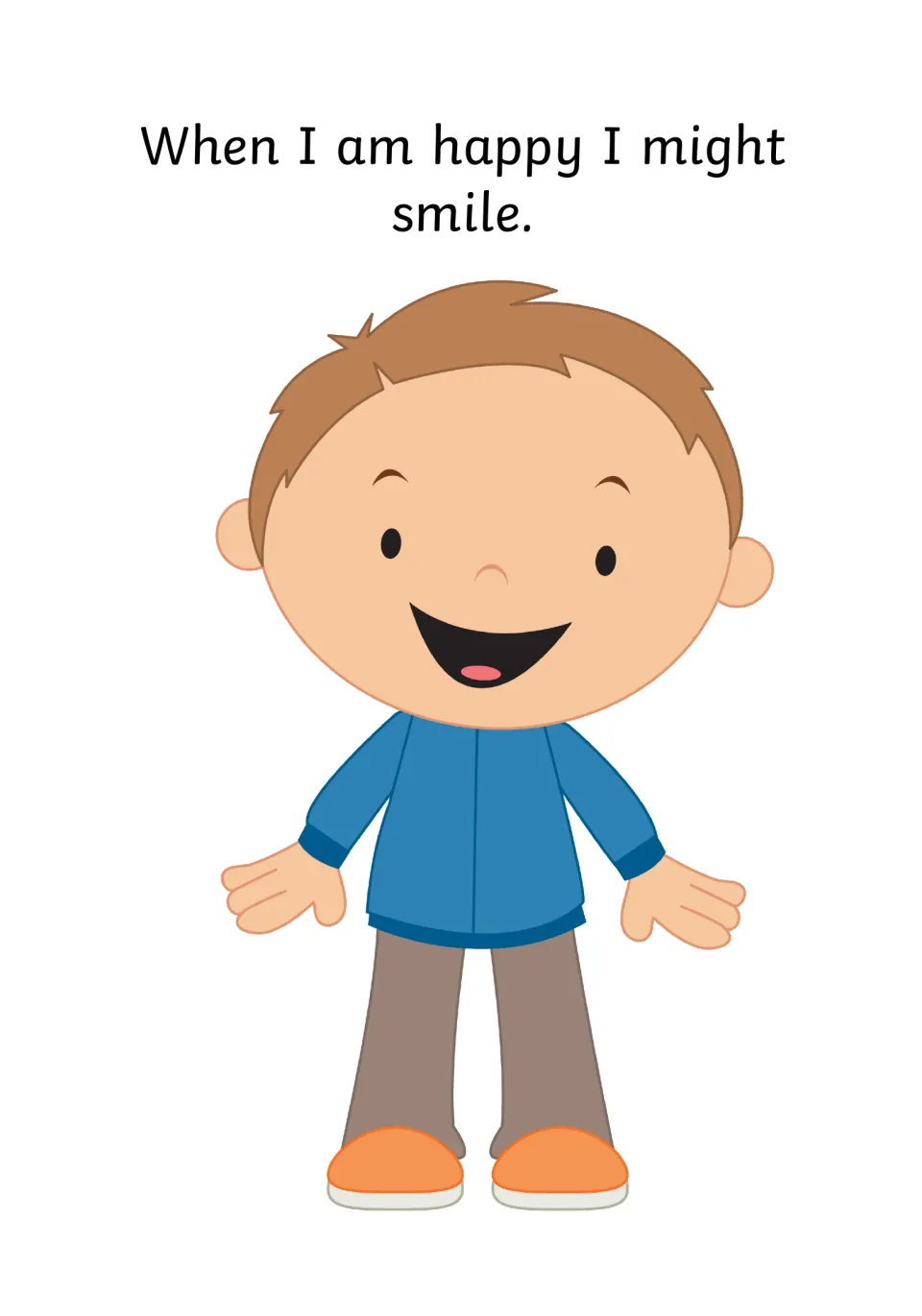 Recognizing happy body signals: the sentence 'When I am happy I might smile' with a boy in a blue sweater smiling widely