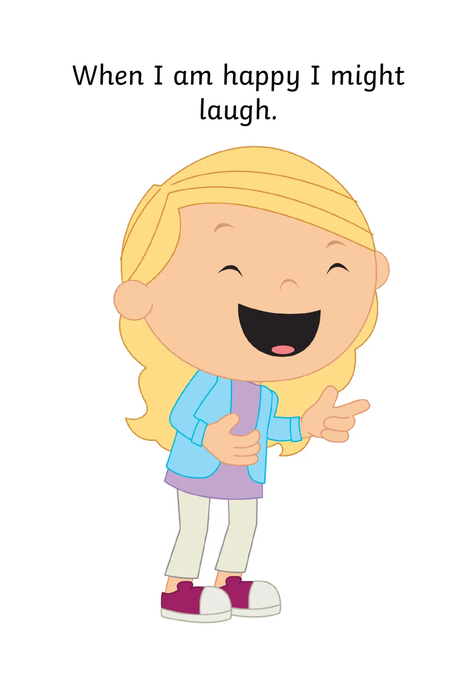 Happy body signals continued: the sentence 'When I am happy I might laugh' with a blonde girl laughing and pointing