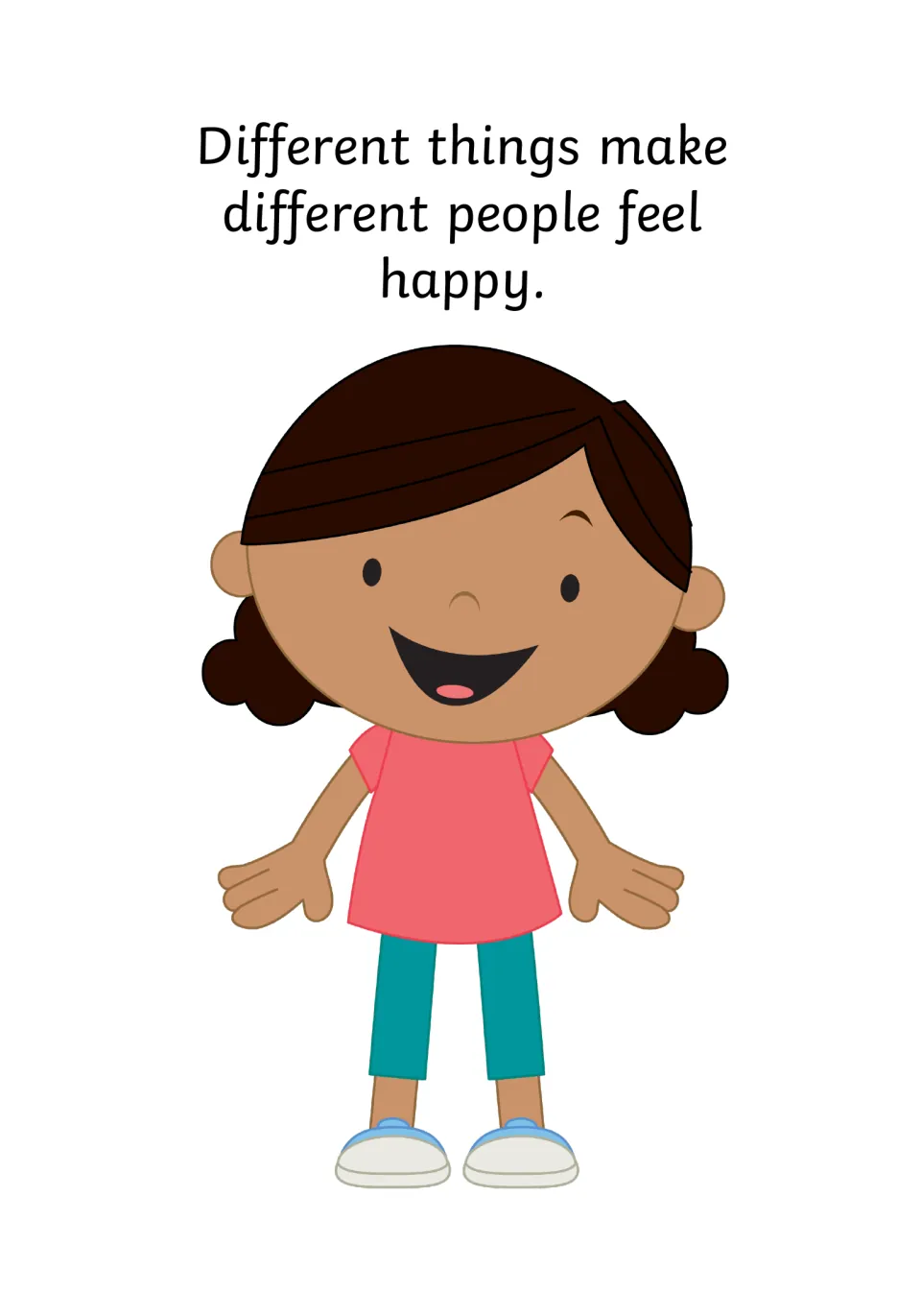 Understanding others: text explains different things make different people feel happy, shown with a smiling girl in pink