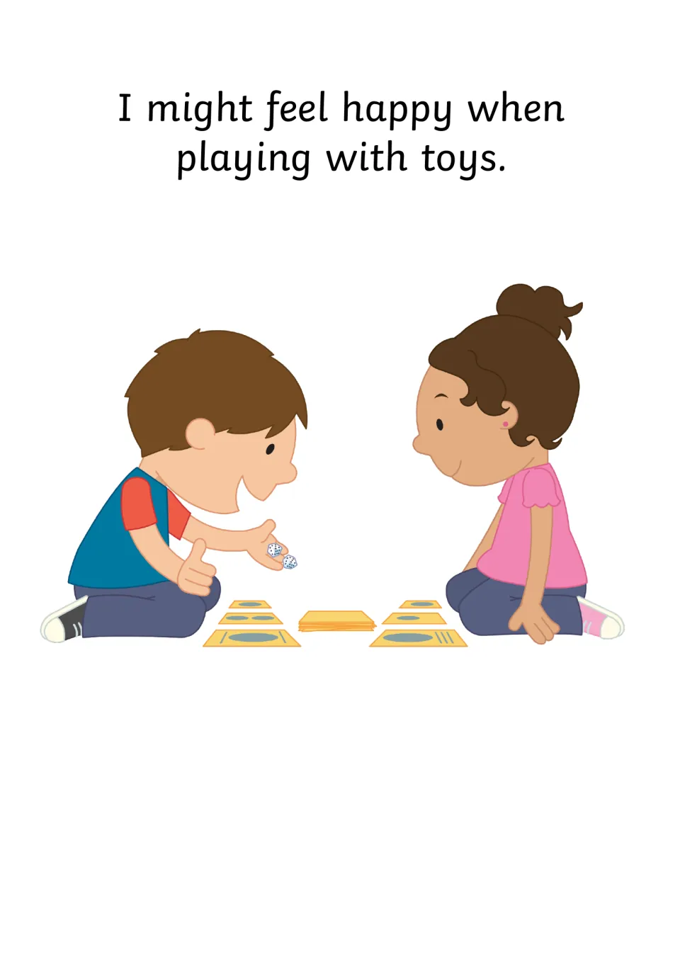 Happy moments at play: 'I might feel happy when playing with toys' as a boy and girl kneel over a card game with dice