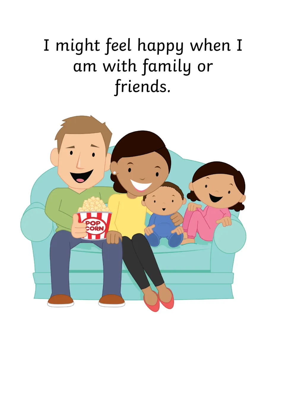 Happiness with loved ones: 'I might feel happy when I am with family or friends' above a family sharing popcorn on a sofa