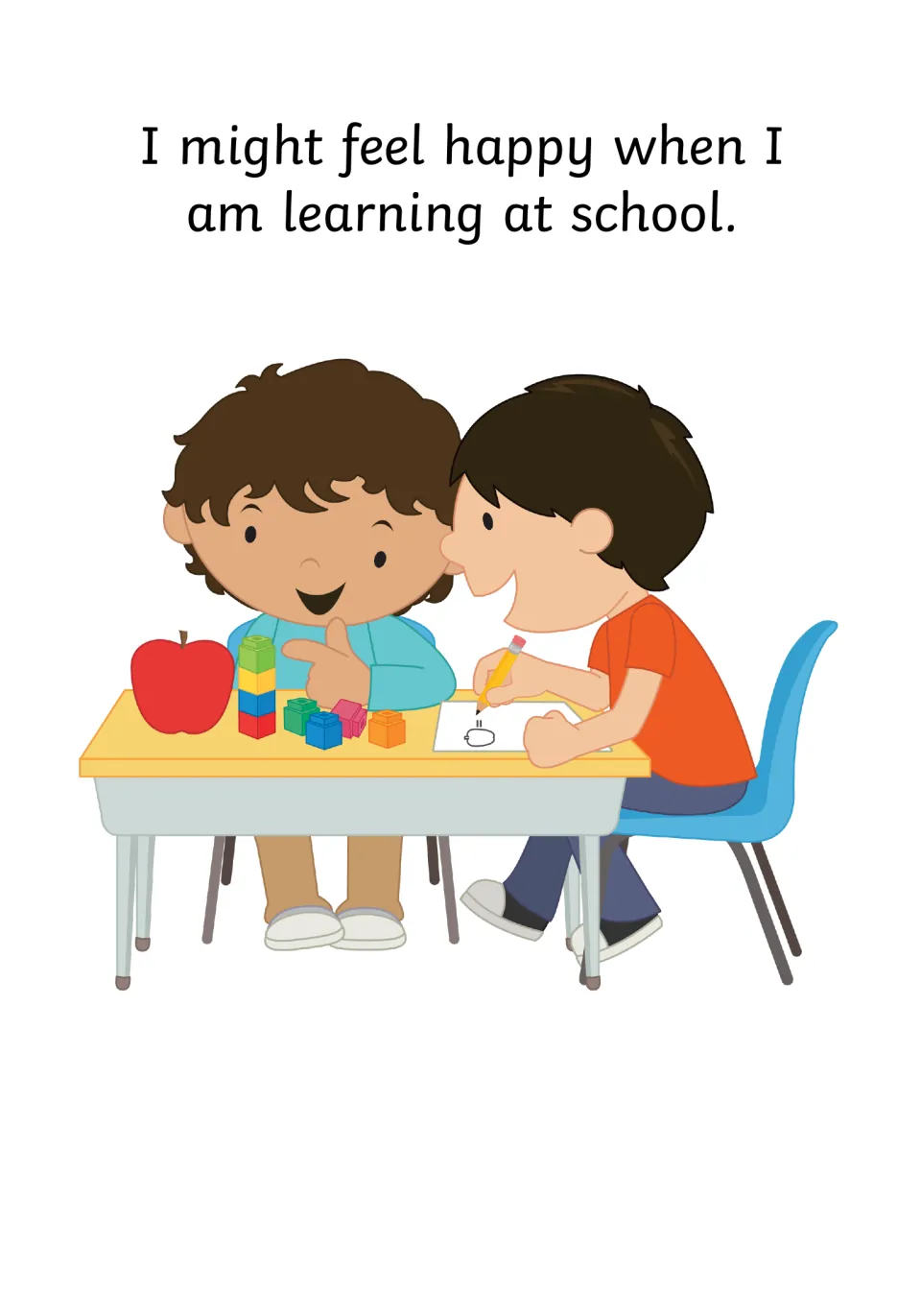 Happiness in class: 'I might feel happy when I am learning at school' with two boys at a desk using blocks and a pencil