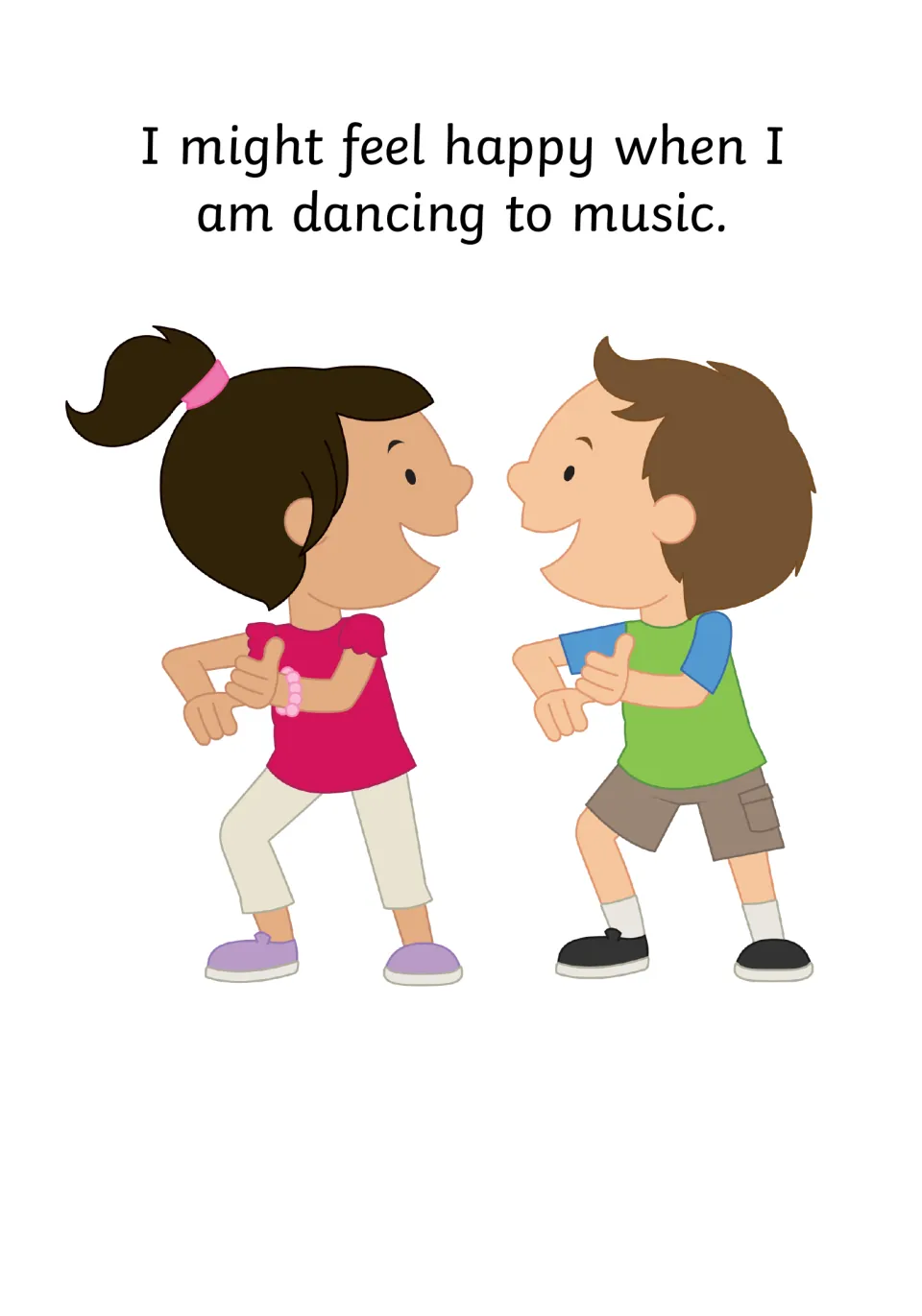 Happiness through movement: 'I might feel happy when I am dancing to music' showing a girl and boy dancing face to face
