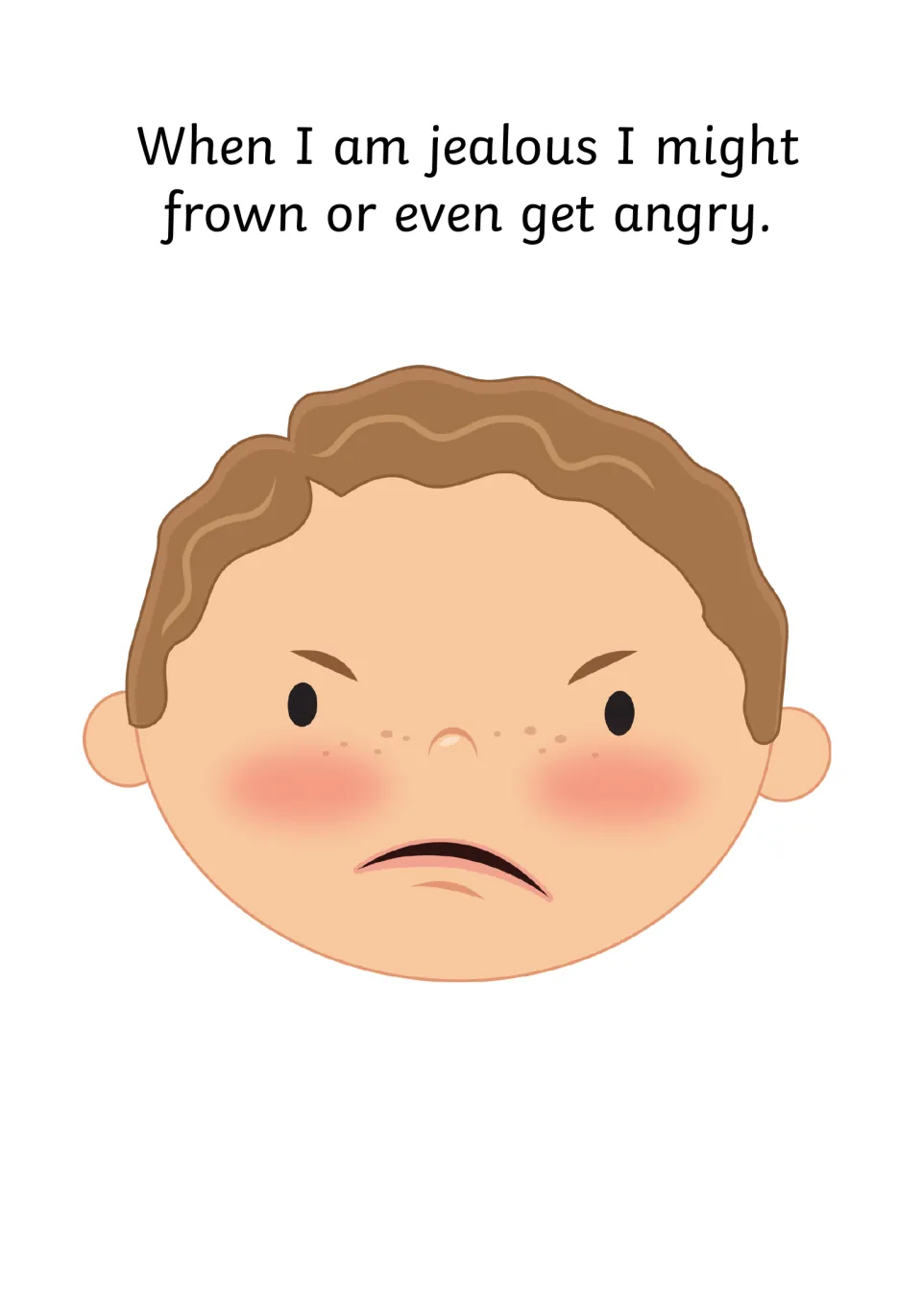 Signs of jealousy: text says I might frown or even get angry, beside a close-up of a scowling, red-cheeked boy's face
