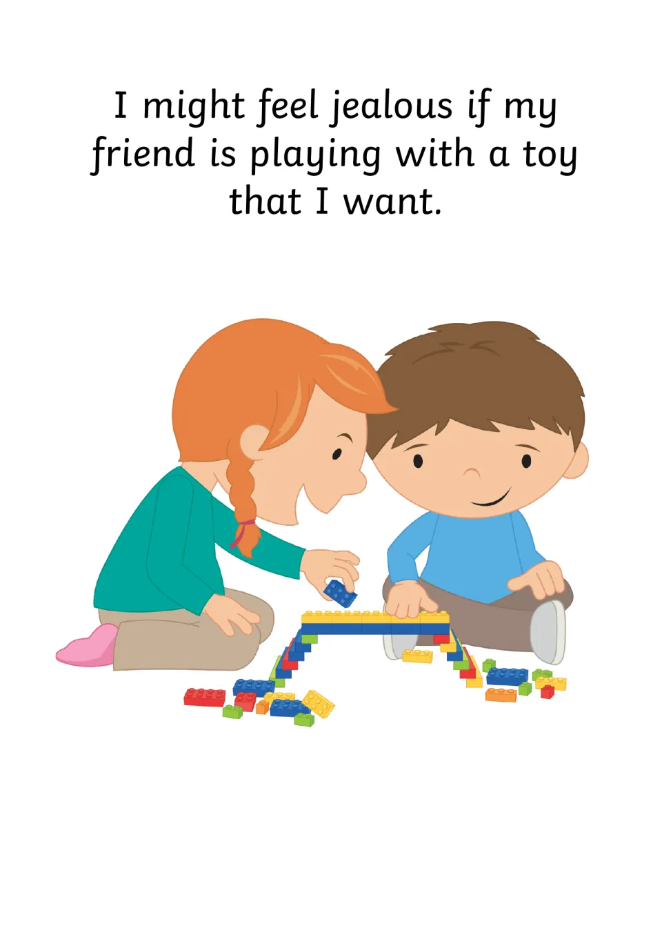 Toy trigger: I might feel jealous if my friend is playing with a toy I want; a girl and boy build with plastic bricks