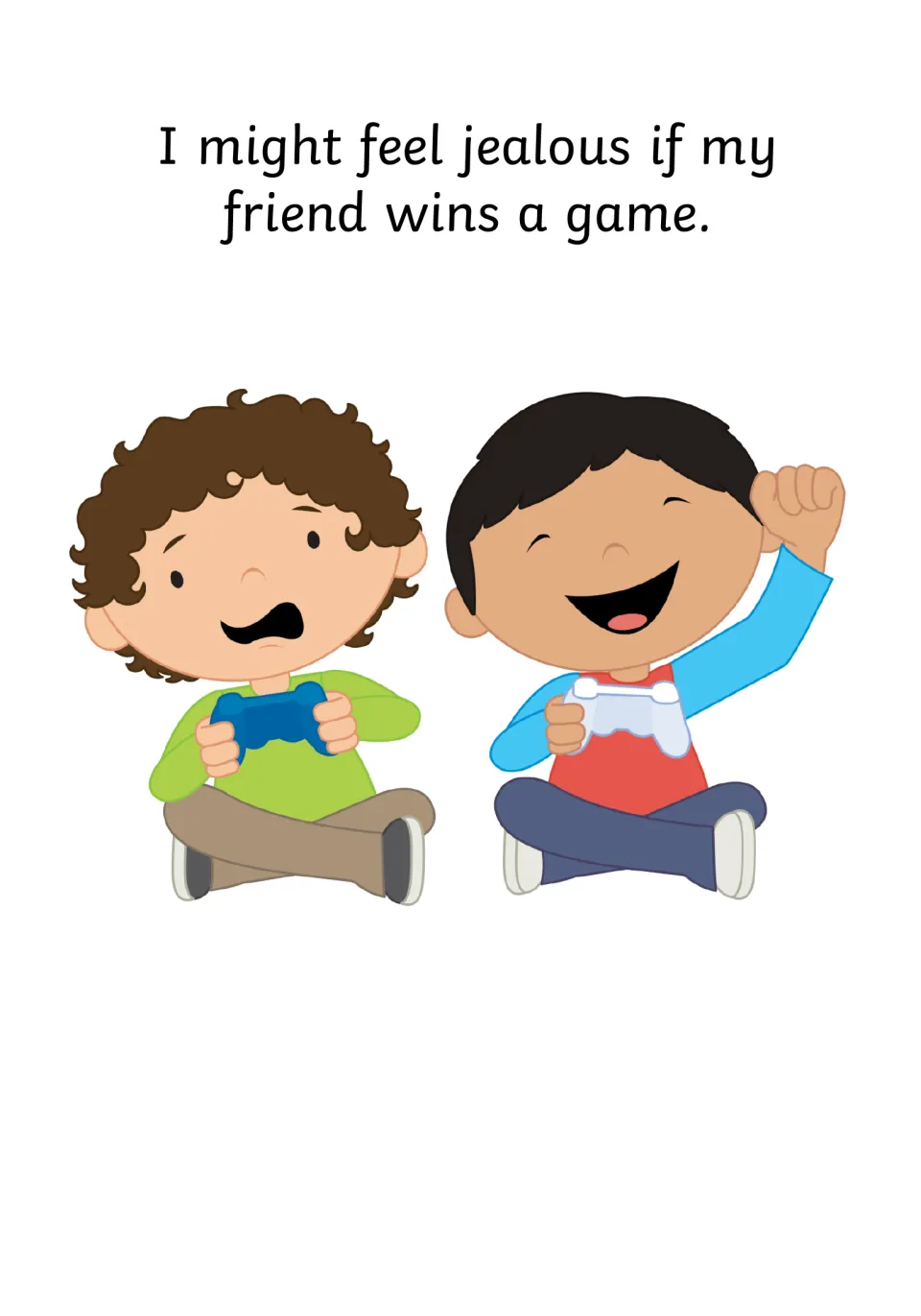 Winning and losing: I might feel jealous if my friend wins a game; one boy cheers with a controller, the other looks upset