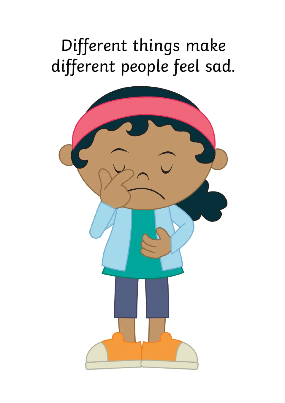 Sadness triggers vary: students read that different things make different people feel sad, with a girl rubbing her eye