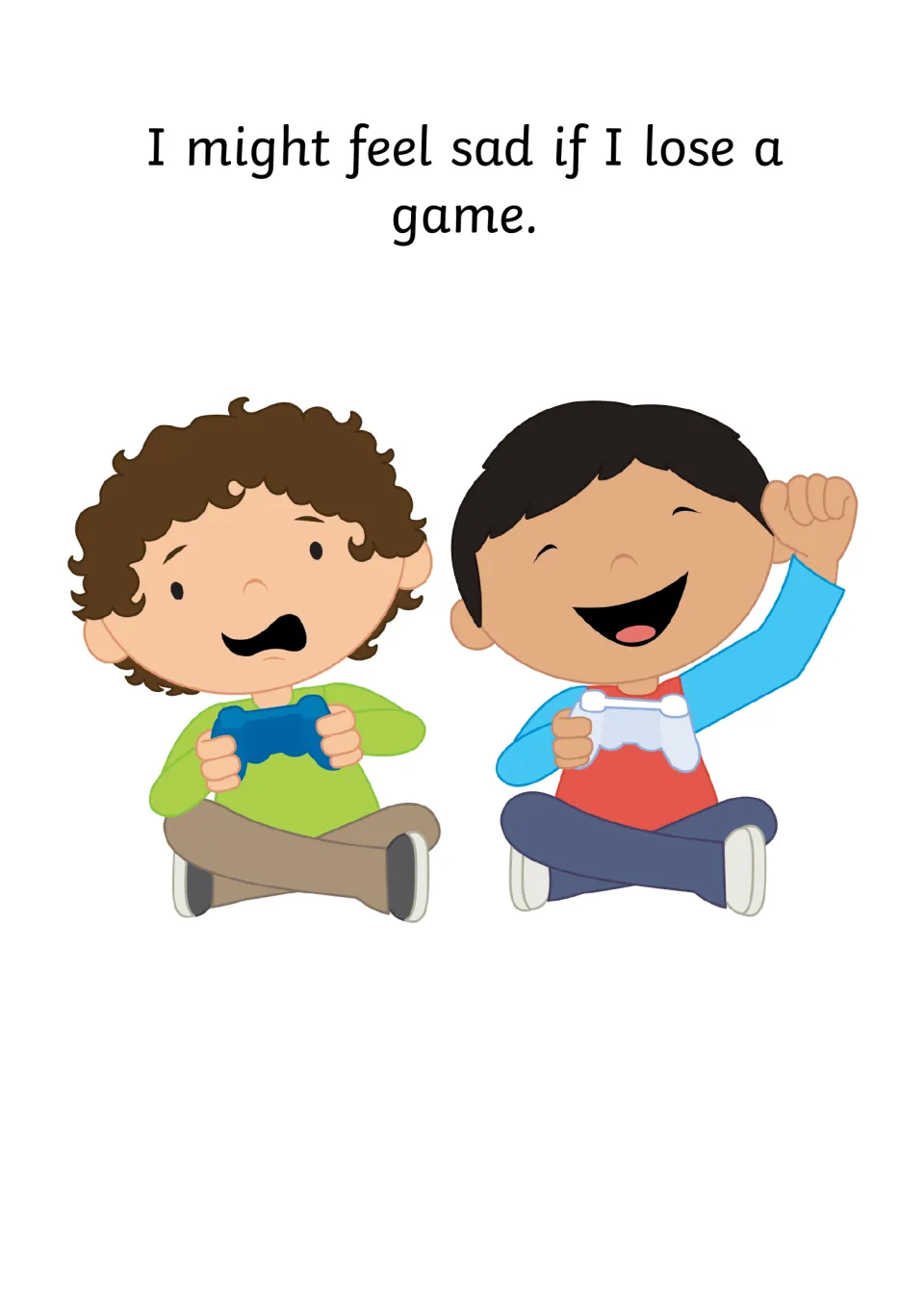 Sad situation, losing: 'I might feel sad if I lose a game' as one boy with a controller looks upset while a friend cheers