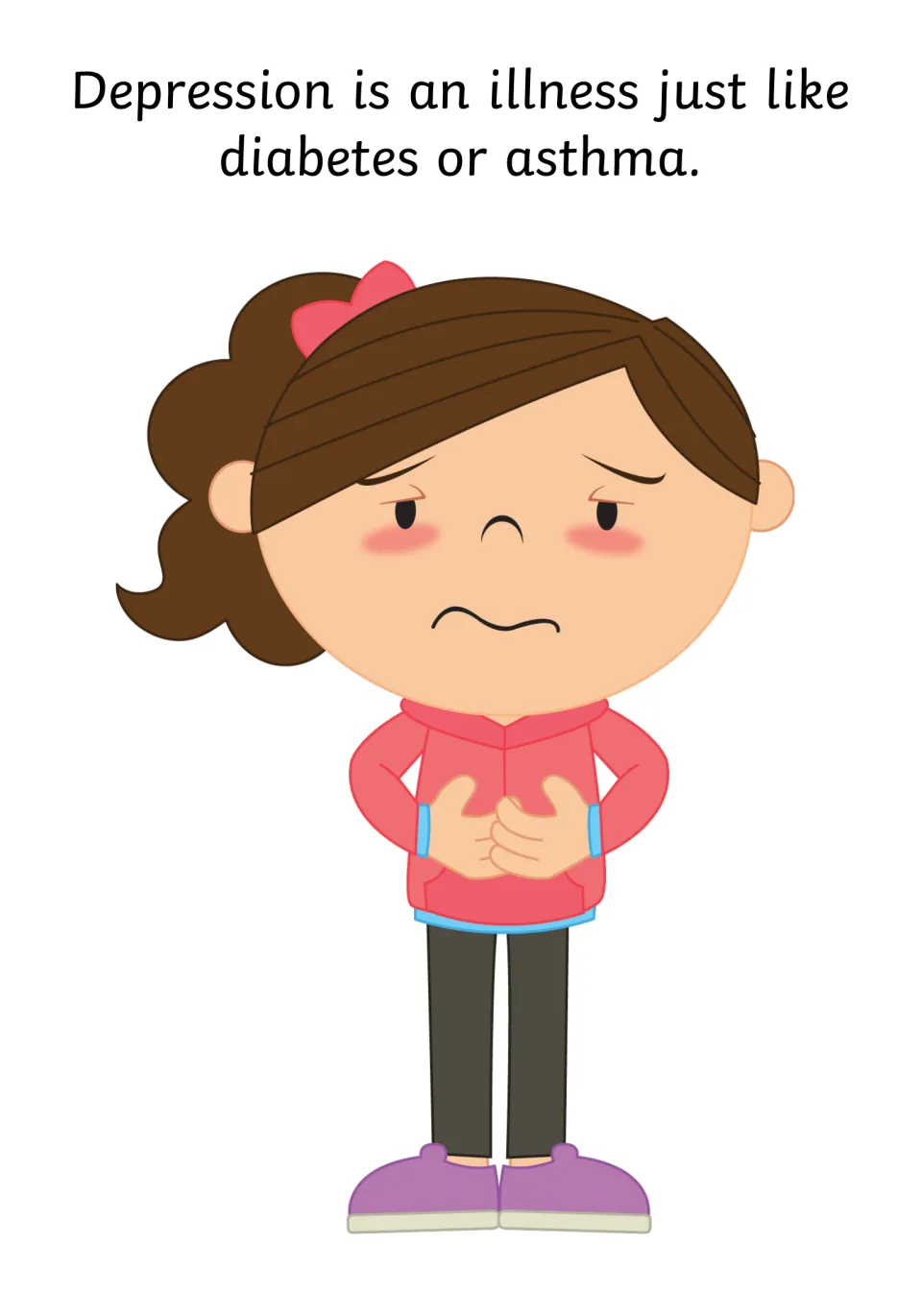 Social story page comparing depression to illnesses such as diabetes or asthma, illustrated by a frowning child
