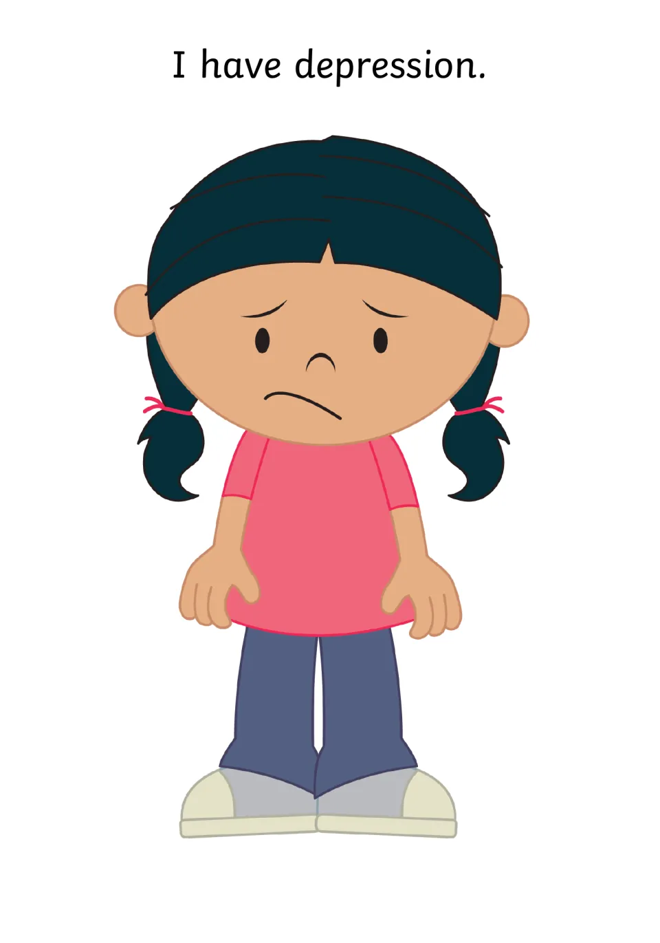 Social story page introducing the first-person statement 'I have depression,' illustrated by a frowning child