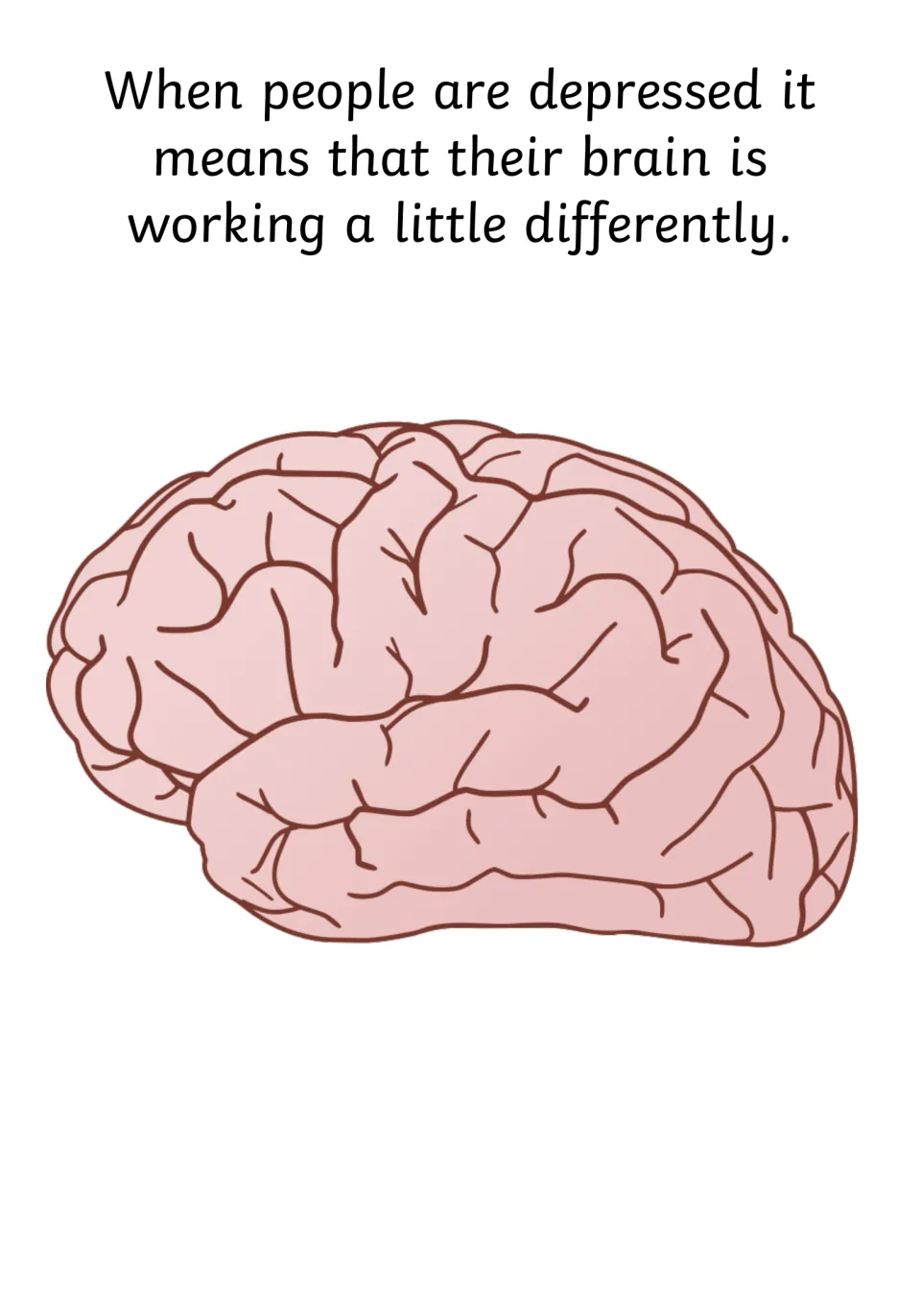 Social story page stating that a person's brain works a little differently during depression, with a brain drawing
