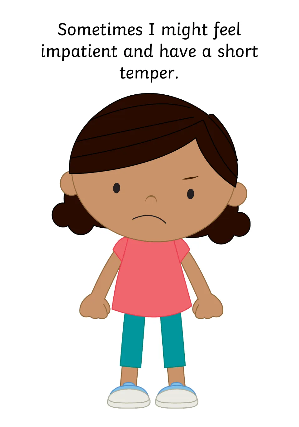 Social story page describing feeling impatient and having a short temper, with a child clenching her fists