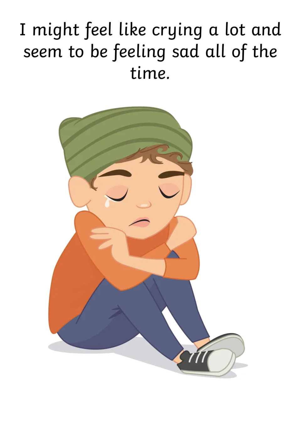 Social story page describing crying a lot and feeling sad all the time, with a seated child shedding a tear