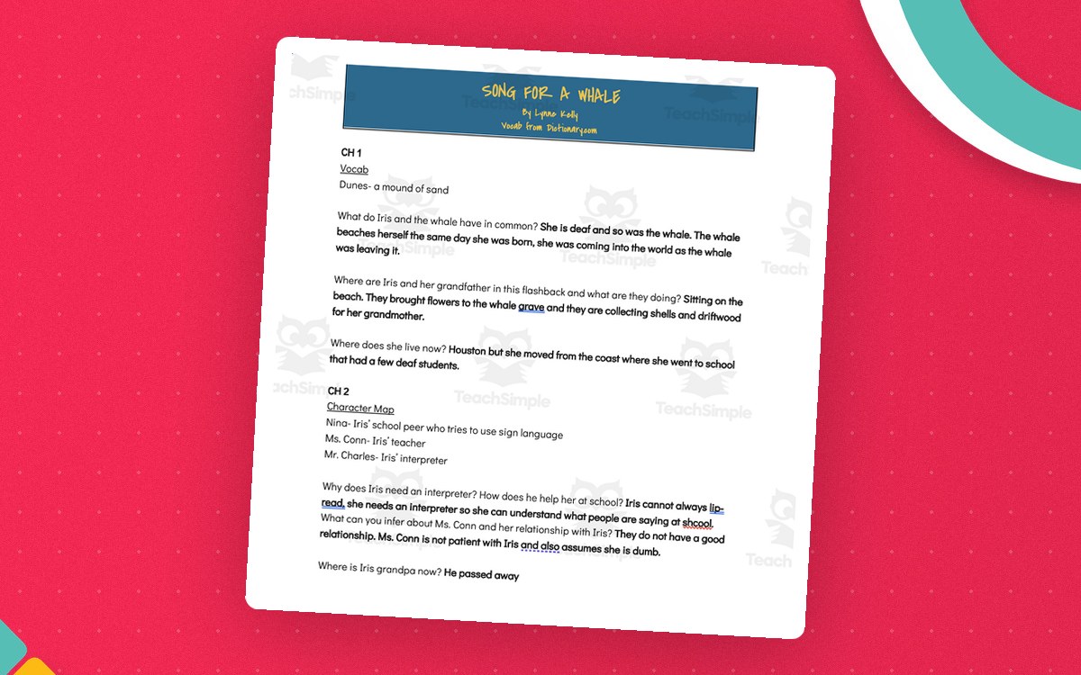 Song for a Whale discussion-questions cover with the book image and a teal list for discussion questions, answers, vocabulary, essential questions, and reflection.