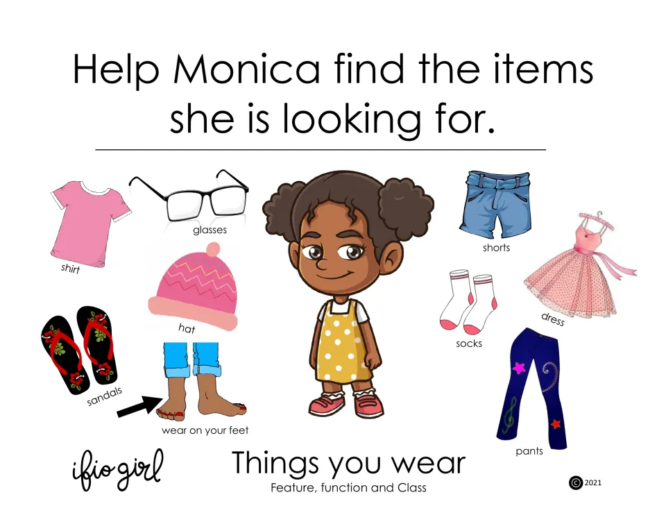 Clothing-sorting activity cover asks learners to help Monica find items, with clothing and a foot-wear cue.