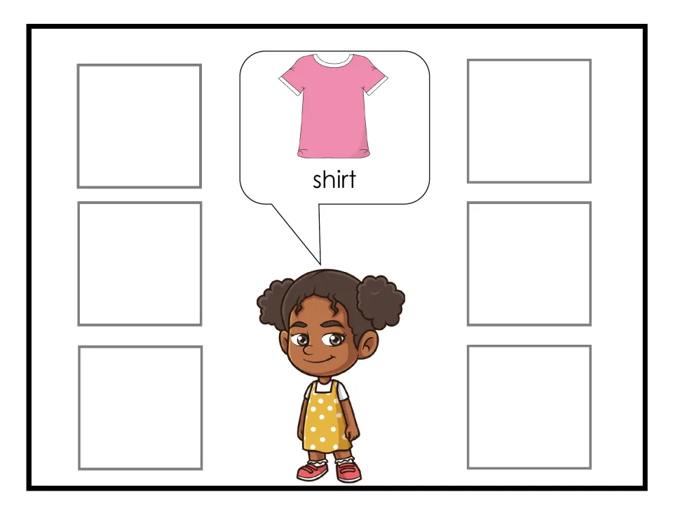 Shirt sorting mat for the clothing activity, showing Monica requesting a shirt through a labeled picture.
