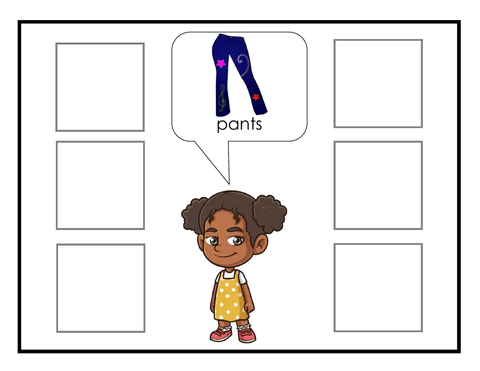 Pants sorting mat for the clothing activity, showing Monica requesting pants through a labeled picture.