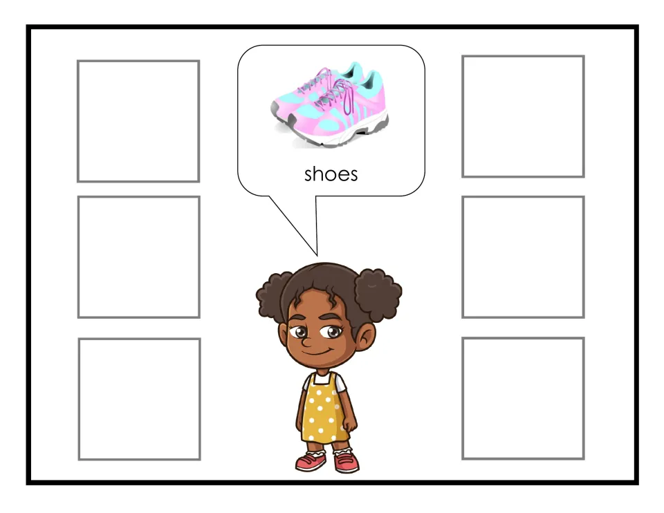 Shoes sorting mat for the clothing activity, showing Monica requesting shoes through a labeled picture.